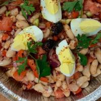 Piyaz Salad · White beans marinated in lemon juice mixed with tomatoes, red bell peppers, green peppers, a...