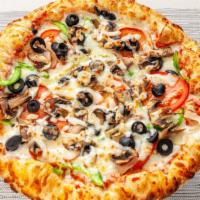 Vegetarian Pizza · Mushroom, onions, green pepper, black olives, fresh tomato, pizza sauce, and mozzarella chee...