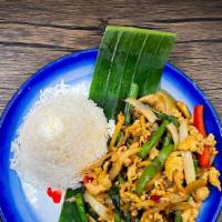 Thai Basil (Pad Gra Pow) · Medium Spicy. Thai style stir-fried a choice of meat with bell peppers, onion, string bean, ...