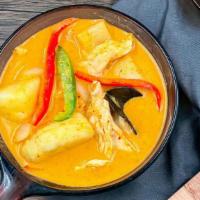 Yellow Curry · Gluten-Free. Medium Spicy. Yellow curry with coconut milk, potatoes, carrots, onions, pineap...