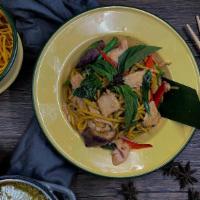 Green Curry Lo Mein   · Stir-fried Lo Mein noodles with, bell peppers, bamboo, String bean, eggplant, and basil leav...