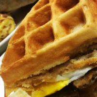 Maple Sausage Waffle Sandwich · This is a creation second to none!  Hearty breakfast sandwich that starts with a Belgian waf...