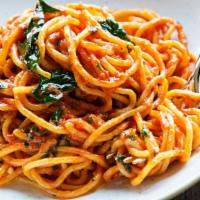 Gluten Free Spaghetti W/ Bolognese · With a five meat red sauce, rosemary, sage. and Parm.