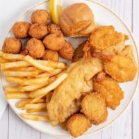 Seafood Combo Platter · 3 Pc Whiting, 3 Pc Fried Shrimp, 3 Pc Scallops with 2 Sides