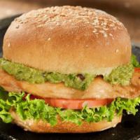 Grilled Chicken Sandwich · Grilled chicken breast on a butter toasted sesame roll with guacamole, lettuce, juicy tomato...