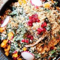 Kale Salad · tuscan kale, apples, pomegranate seeds,
corn nuts, cotija, cheesy whole grain mustard dressing