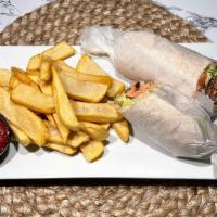 Salmon Wrap · Salmon, Lettuce, Tomato, Grilled Onions, and Garlic Mayonnaise in Pita Bread. Comes with Fre...
