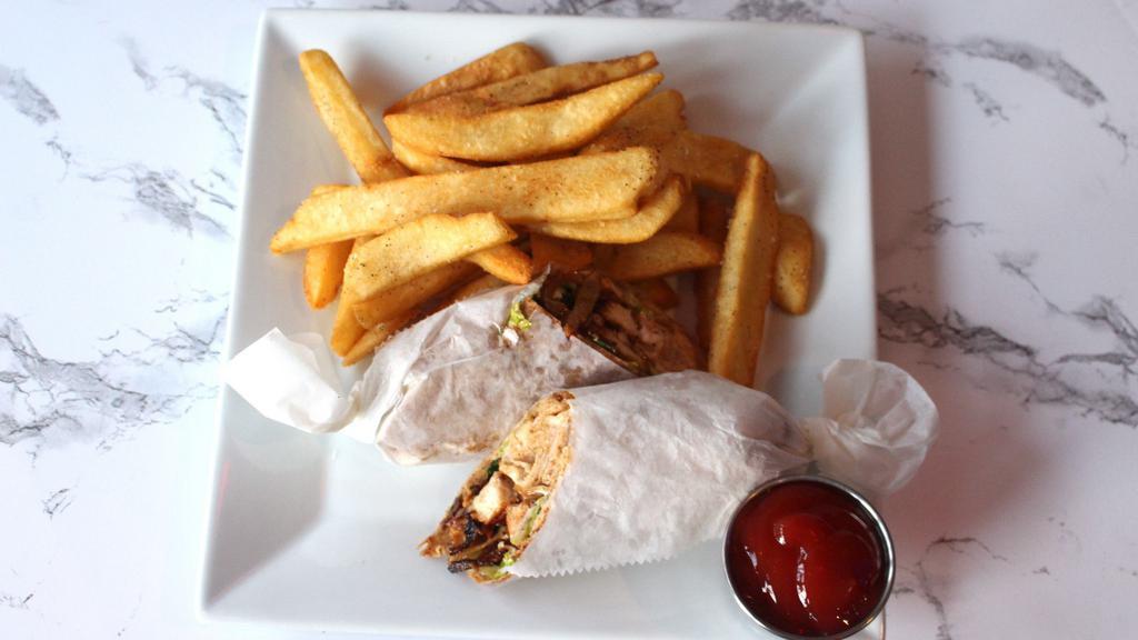 Chicken Wrap · Chicken Breast, Lettuce, Tomato, Grilled Onions, and Garlic Mayonnaise in Pita Bread. Comes with Fries.