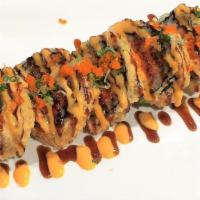 Crispy Spicy Tuna Roll · (In) lightly fried spicy tuna and avocado. (Top) masago, scallions, spicy mayo sauce and eel...