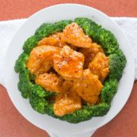 General Gaus Chicken · Chunks of chicken with a crispy coating of lotus flour stir-fried in a spicy sweet ginger sa...