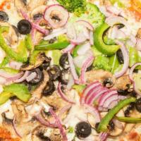 Vegetarian Pizza · Mushrooms, black olives, onion, green peppers and broccoli.