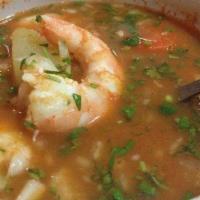 Sopa De Camarón / Shrimp Soup · Sopa de camarón. El plato viene con tortillas. / Shrimp soup. Platter comes with tortillas.