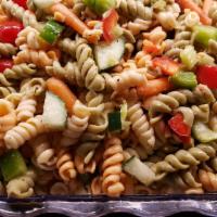 Pasta Salad · Homemade Tri-Color Pasta Oil Based with Cut Peppers, Cucumbers, Grape Tomatoes, Carrots, Cel...