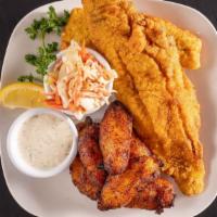 Fish N' Chips · Caribbean fish and chips or plantains, served with an avocado tartar sauce, Carolina slaw.