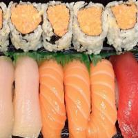Triple Sushi · 3 pieces each: tuna, salmon, yellowtail, and spicy tuna roll.