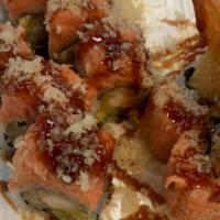  Red Dragon Roll · (In) shrimp tempura and avocado; (top) spicy tuna, eel sauce.