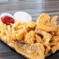Shrimp Haddock Clam Plate · French fries, tartar sauce.