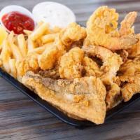 Shrimp, Catfish And Oyster Platter · Includes French fries or onion rings.