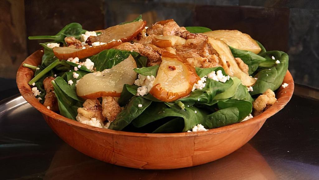 Pear & Goat Cheese Salad · Balsamic vinaigrette, spinach, walnuts, pears, and goat cheese.