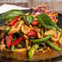 Ka Prow · Spicy. Choice of meat sauteed with basil leaves, garlic, hot chilies, bell peppers, and stri...