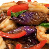 Spicy Eggplant · Spicy. Choice of meat sautéed with eggplant, bell peppers, and basil sautéed in a spicy garl...