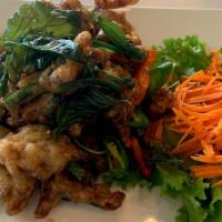 Crispy Duck Basil · Spicy. Stir-fried crispy roasted duck and string beans with chili basil sauce, bell peppers ...
