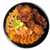 Fried Chicken, Rice & Sweet Plantains - Bowl · Pollo frito, arroz & platanos maduros.