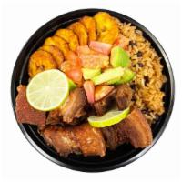 Pork Fried, Rice & Sweet Plantains - Bowl · Chicharron de cerdo, arroz & platanos maduros.