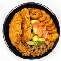 Chicken Tenders, Rice & Sweet Plantains - Bowl · Pechuga de pollo frita, arroz & platanos maduros.