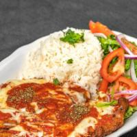Chicken Or Steak Parmesan · Chicken or Steak Parmesan topped with melted fresh mozzarella cheese and tomato sauce served...