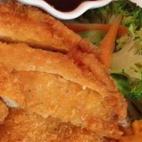 Agemono Chicken Katsu · Tender meat dipped in Japanese bread crumb batter deep fried and served with katsu sauce.