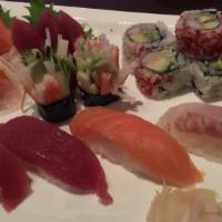 Sushi And Sashimi Plate · Chefs choice of assorted sushi and sashimi with a California maki.