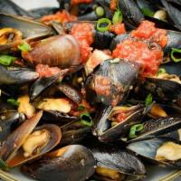 Steamed P.E.I. Mussels · *spicy, rope cultured, tomato, basil, chili, white wine   GF