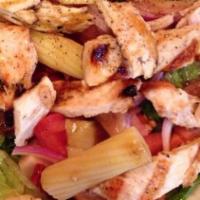 Insalata Bruschetta · Sun dried tomatoes, rigatoni pasta, roasted red peppers and grilled chicken with romaine let...