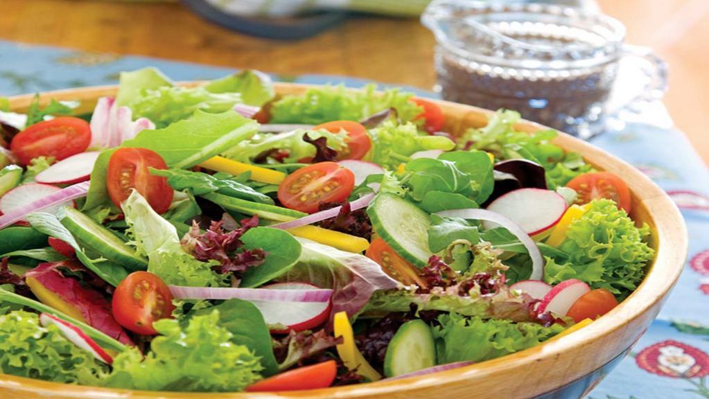 Grilled Salmon & Shrimp Salad (+Large Garden Salad) · Large garden salad with grilled salmon and jumbo shrimp on the side.