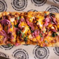 Beer-B-Q Flatbread · Panty Peeler BBQ sauce topped with
spicy marinated chicken, pecan wood-smoked
bacon, mozzare...