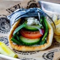 Go Gyro Way · Vegetarian. Warm pita filled with spinach, tomato, cucumber, red
onion, feta crumbles, and h...