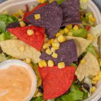 Southwest Salad · avocado, sweet corn, cilantro, black beans, fresh squeezed lime, tomato, and crushed tortill...