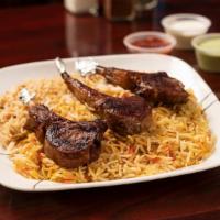 Lamb Chops Plate · Three pieces chops with rice, salad. We serve two type of rice. Type of rice #1 biryani spic...