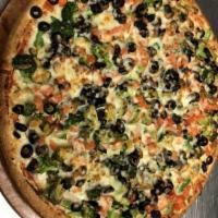 The Vegetable Pizza · Mushrooms, onions, black olives, green peppers, tomatoes, and broccoli.
