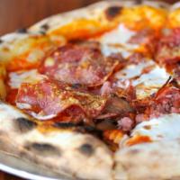 Small Carnivore Pizza

 · A4 Mozzarella, tomato, sopressata, sausage, and bacon.