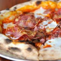 Large Carnivore Pizza

 · A4 Mozzarella, tomato, sopressata, sausage, and bacon.