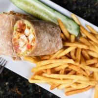Crispy Buffalo Chicken Wrap · With crumbled blue cheese. Served with lettuce, tomato, fries, and a pickle.