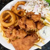 Seafood Platter · Beer battered haddock, shrimp, and scallops. Served with fries, onion rings, and coleslaw.