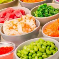 Poke Bowl · Build your own poke bowl, includes 1 base, 2 or 3 proteins, up to 10  mix-ins, 2 sauces and ...