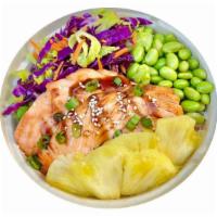 Teriyaki Salmon Bowl · double pan fried salmon, pineapple, edamame, romaine lettuce, red cabbage, carrots, scallion...