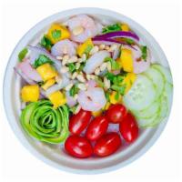 Rainbow Shrimp Bowl · double steamed shrimp, mango, avocado, cherry tomato, red onion, cucumber, cilantro, pine nu...