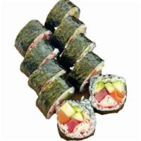 Paradise Roll 🌶 · seaweed wrap with ahi tuna, salmon, kanikama, cucumber, avocado, sesame seeds with wasabi ma...