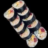 Luau Roll 🌶 · seaweed wrap with shrimp tempura, ahi tuna, mango, cucumber, sesame seeds with mango coconut...