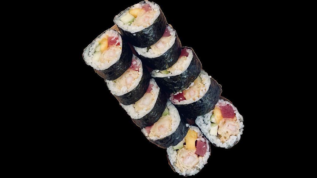 Luau Roll 🌶 · seaweed wrap with shrimp tempura, ahi tuna, mango, cucumber, sesame seeds with mango coconut mayo & wasabi mayo